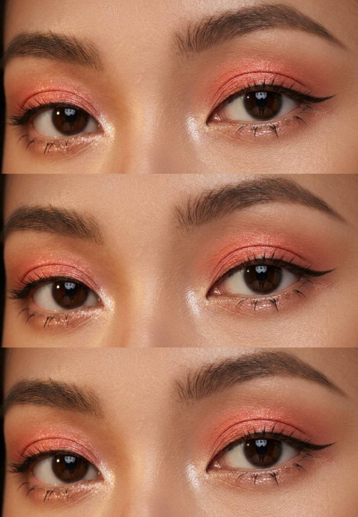 Douyin eye makeup trend featuring coral-peach eyeshadow with soft shimmer, tight-lined lashes, and radiant inner corners that mimic a glowing sunset effect.