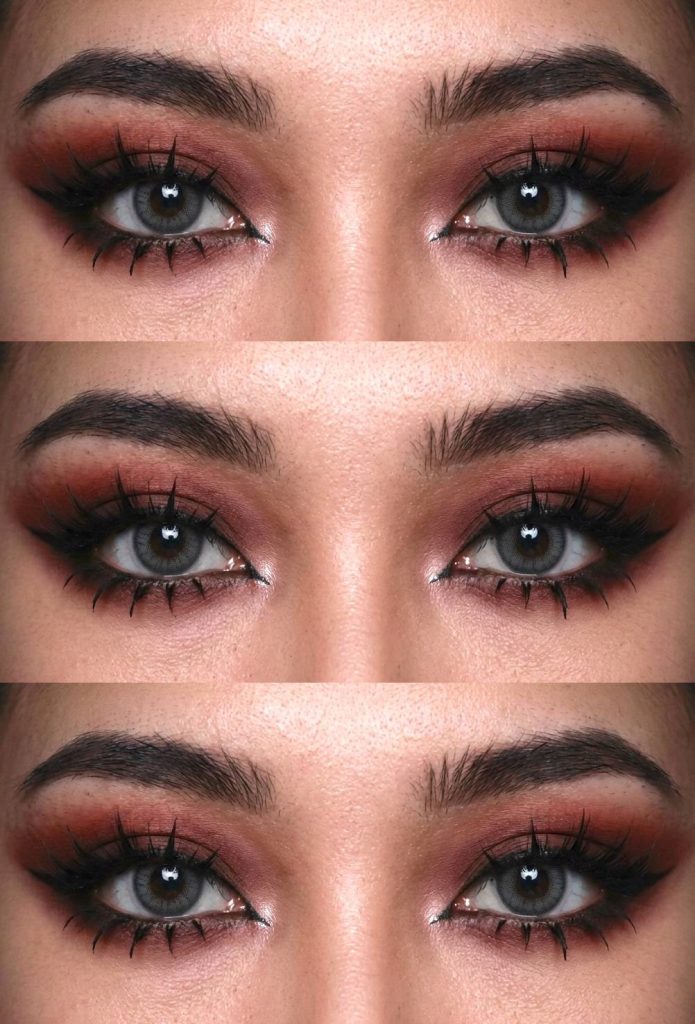A richly blended anime eye makeup look with burgundy shadows and black eyeliner that creates depth, structure, and an illusion of larger eyes.