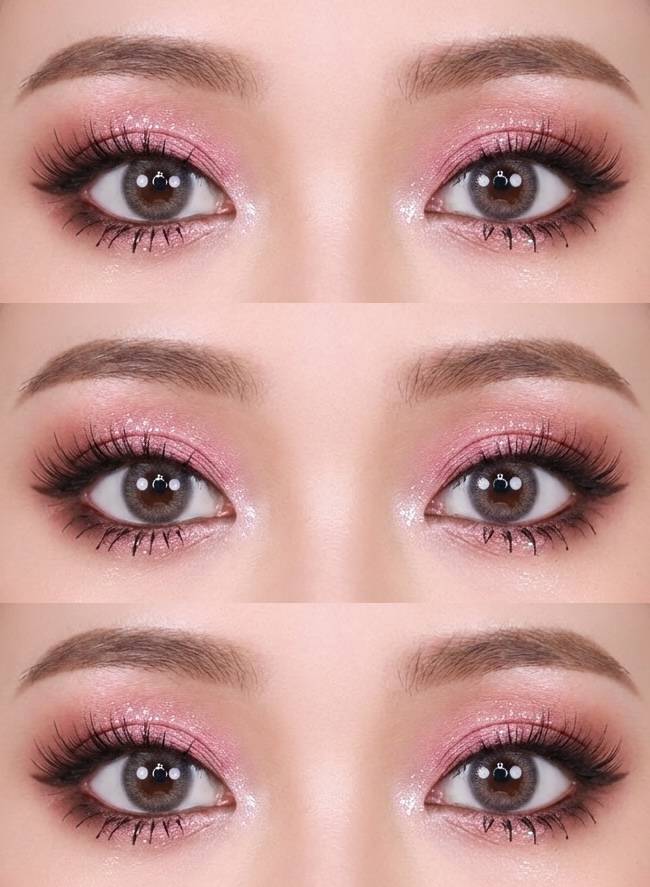 A glimmering gyaru eye makeup look with pink shimmer eyeshadow, soft blending, and fluttery lashes that emphasize a bright, romantic finish.