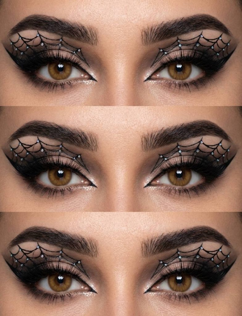 Three views of a spiderweb eye makeup idea featuring champagne eyeshadow, bold winged liner, and black spiderweb details outlined with small gems.