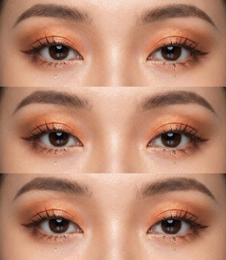 A collage of three close-up images focusing on eyes with orange eyeshadow, winged eyeliner, and a small decorative gem below each eye.