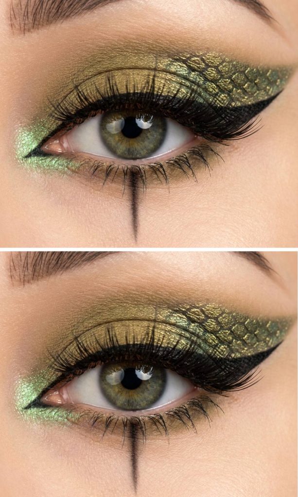 Fierce eye look with gold-green shimmer and a textured scale pattern across the eyelid, completed by bold lashes and avant-garde lower liner.