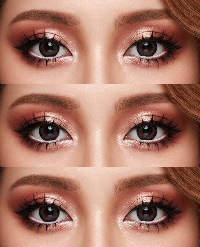 A gyaru eye makeup look with shimmering rose gold eyeshadow, smoked-out burgundy edges, and fluttery lashes creating a glamorous doll-like effect.