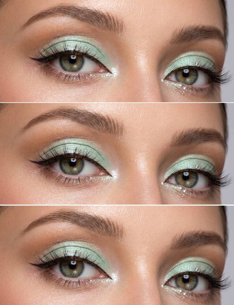 Close-up of douyin eye makeup trend featuring mint green shimmer shadow, pearl inner corners, and tiny silver gems lined under the eyes.