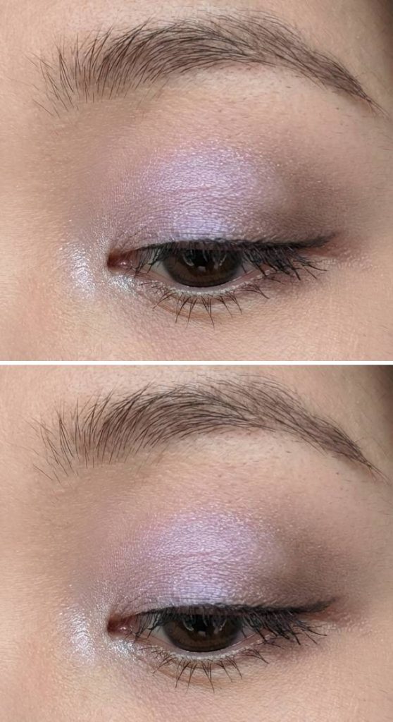 A monolid eye makeup idea with pastel lilac shimmer and soft taupe blending, creating a fresh, soft-focus eye look perfect for everyday wear.