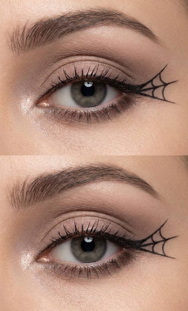 A spiderweb eye makeup idea combining greige smokey shadow with sharp black web liner for a clean, graphic Halloween-inspired finish.
