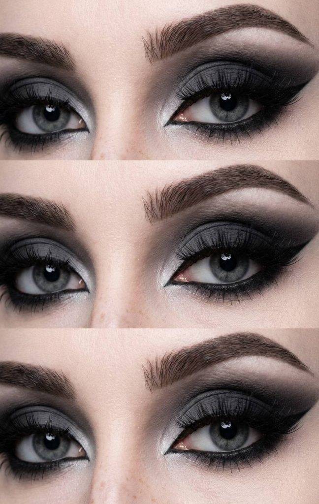 Trad goth eye makeup look combining silvery shimmer in the inner corners and deep matte black across the lid and crease with a sharp wing.