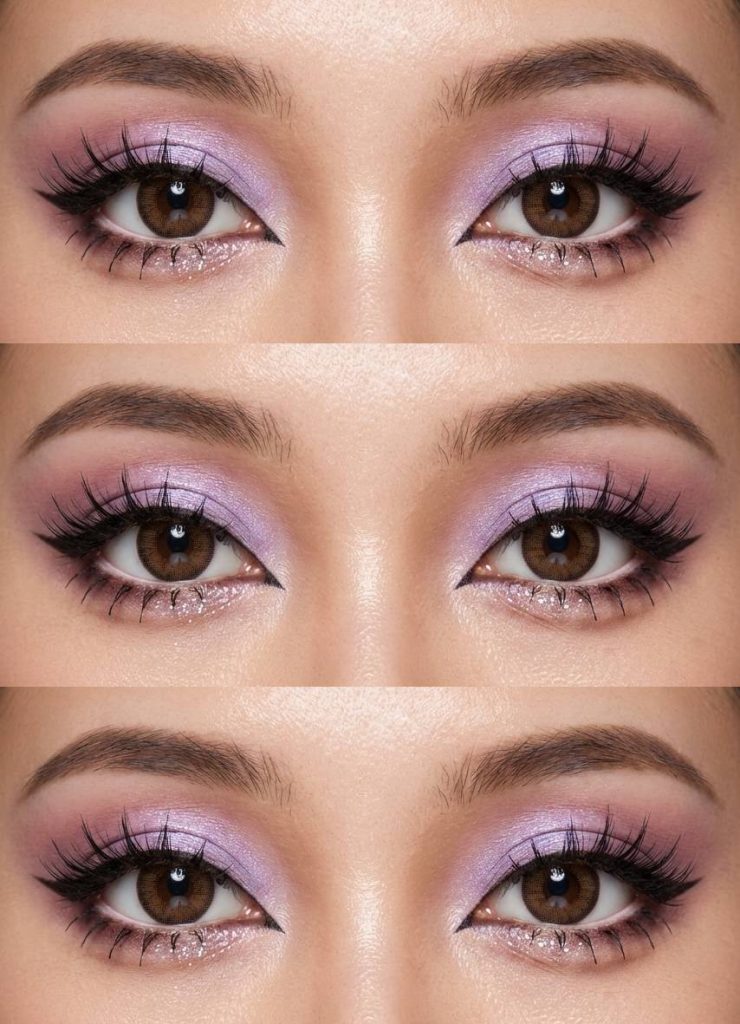 Gyaru eye makeup look featuring dramatic lashes and icy lilac eyeshadow, paired with silver shimmer in the lower lash line for a bold-soft effect.