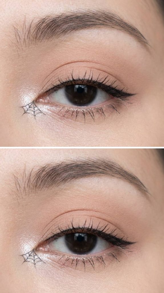 A spiderweb eye makeup idea featuring nude matte lids with a subtle black web detail drawn under the inner corner of the lower lash line.