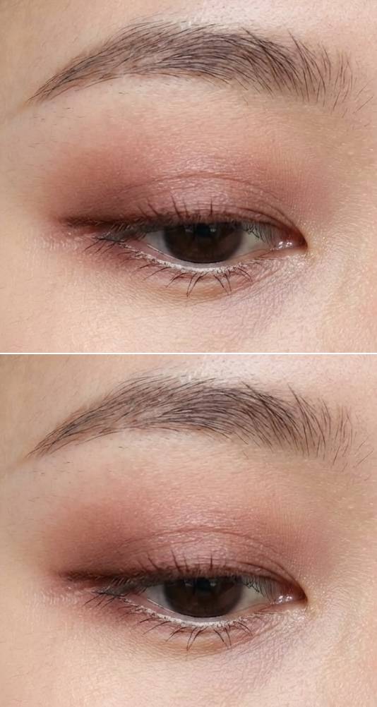 Natural monolid eye makeup featuring a soft blush-pink shadow for a clean and understated finish.