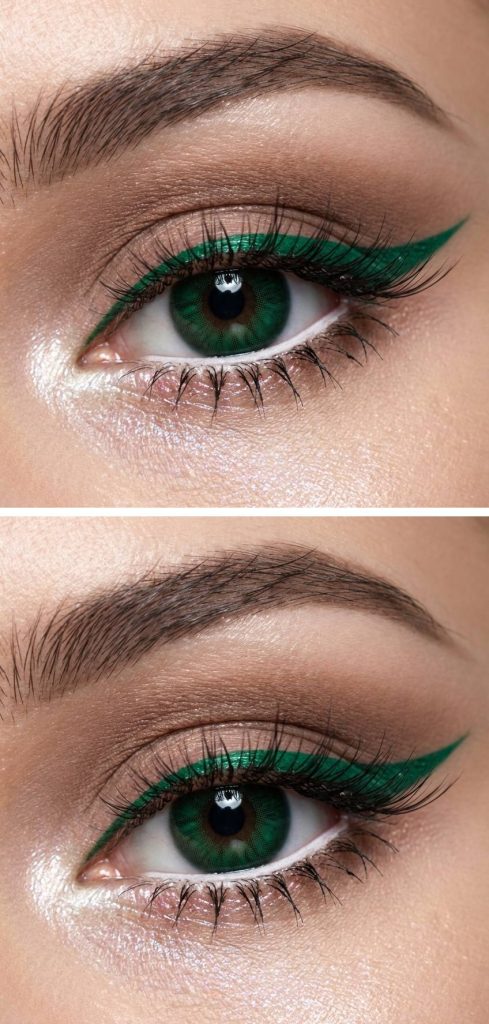 Anime eye makeup featuring vivid emerald green eyeliner and neutral taupe eyeshadow for a bold yet balanced contrast.
