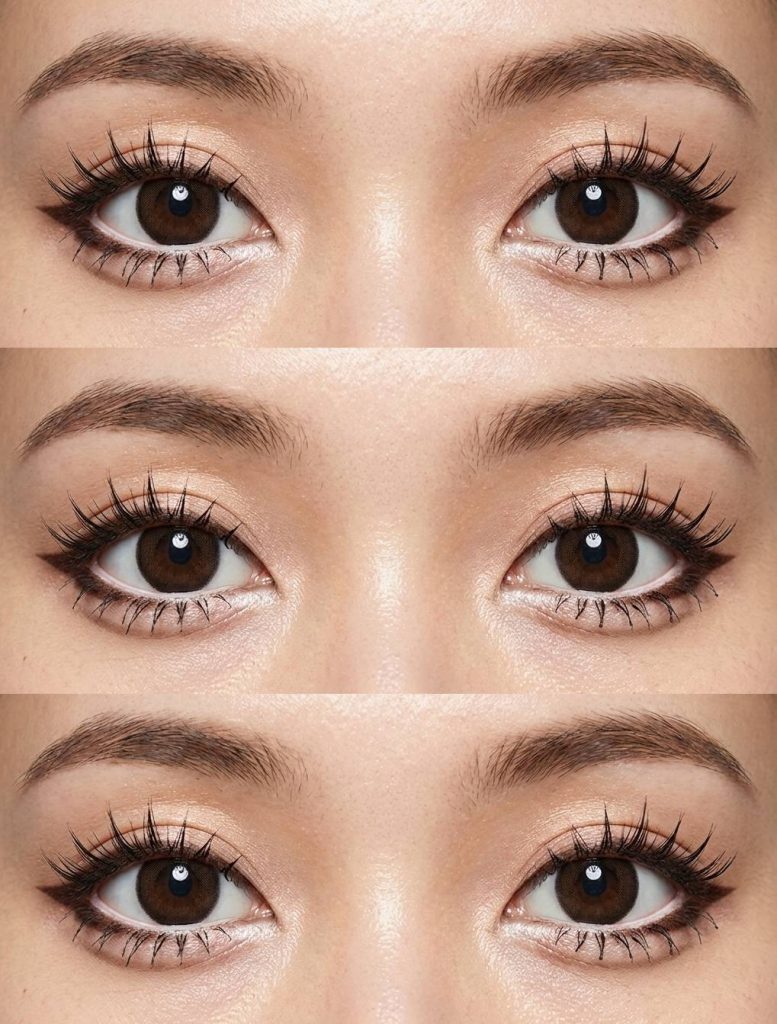 Gyaru eye makeup featuring light nude shimmer on lids, clean brown liner, and spaced-out upper and lower lashes that emphasize a structured eye shape.