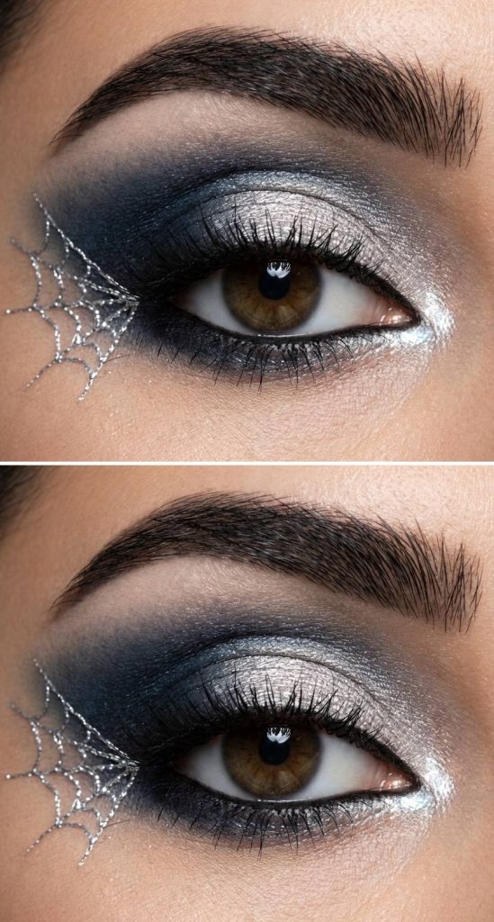 Eye-focused image of a spiderweb eye makeup idea with a silver-to-navy gradient eyeshadow and a sparkling silver spiderweb extending from the eye’s outer corner.