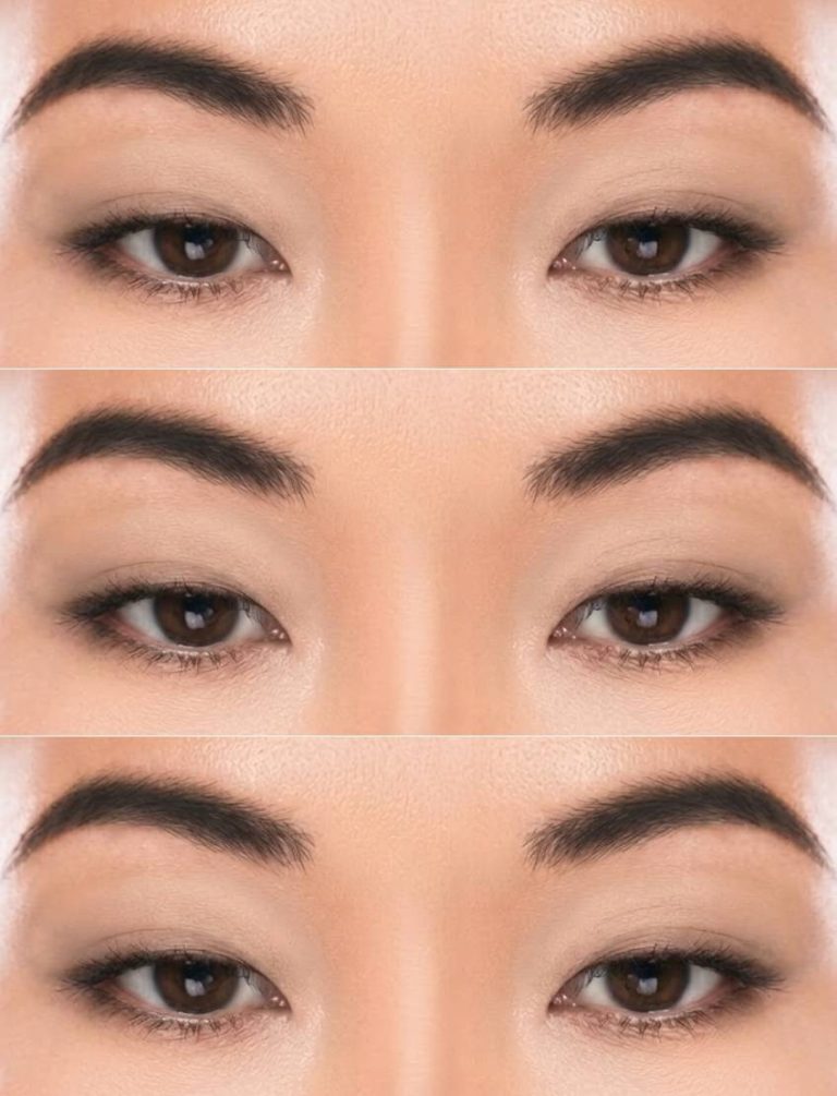 Three images show close-ups of a person's eyes with slightly different makeup styles, including variations in eyeliner and eyeshadow application.