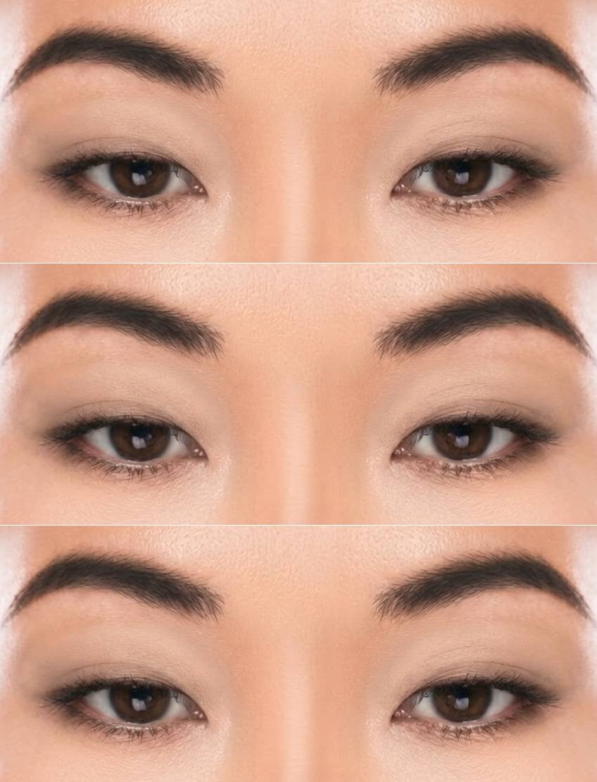 Three images show close-ups of a person's eyes with slightly different makeup styles, including variations in eyeliner and eyeshadow application.