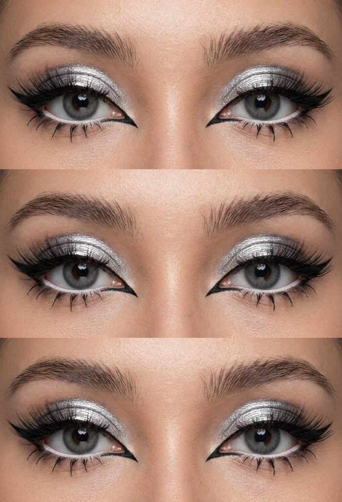 Three close-up images of eyes with dramatic makeup, featuring silver eyeshadow, black eyeliner, and long lashes.