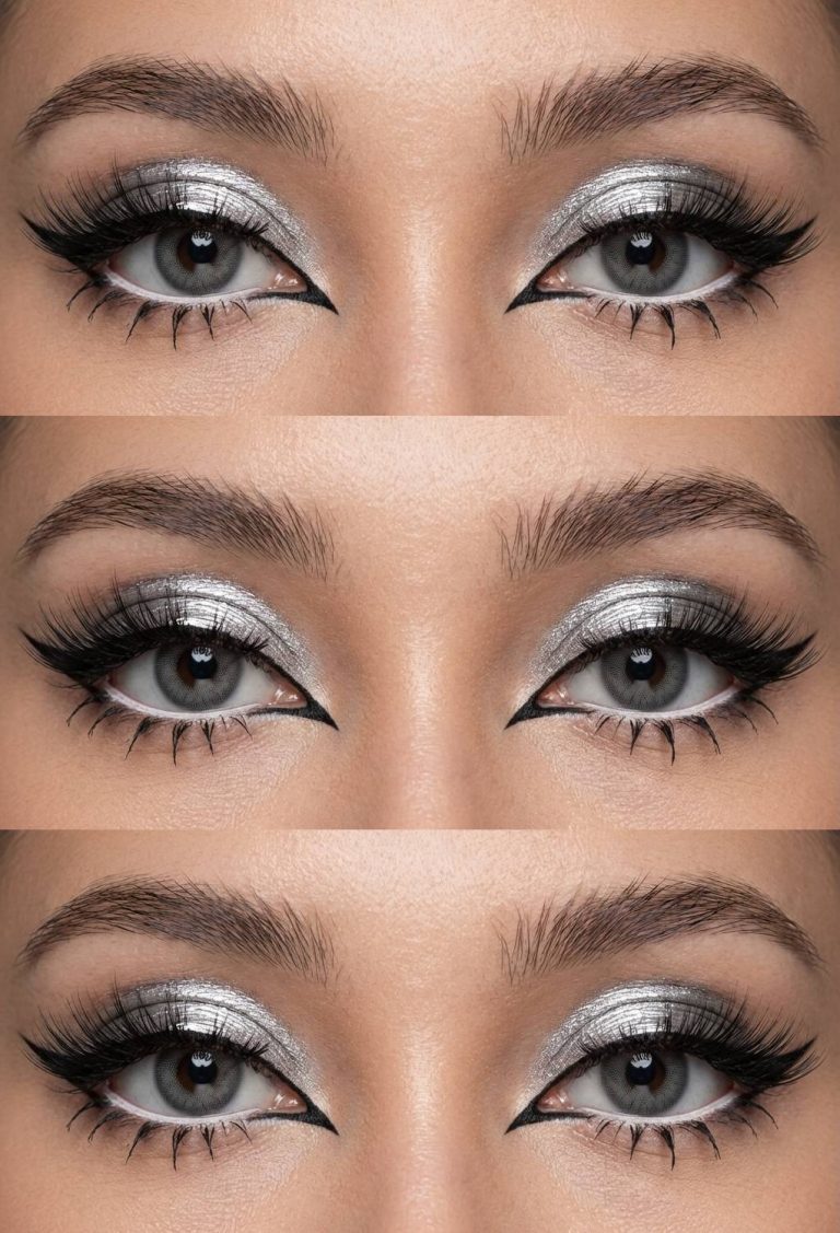 Three close-up images of eyes with dramatic makeup, featuring silver eyeshadow, black eyeliner, and long lashes.