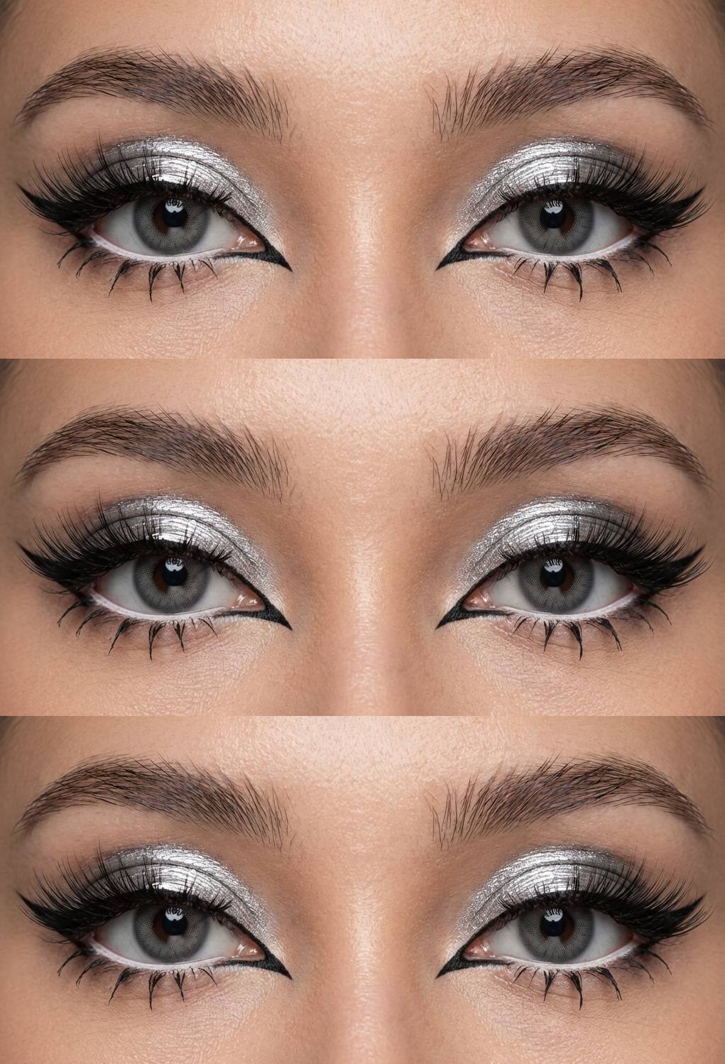 Three close-up images of eyes with dramatic makeup, featuring silver eyeshadow, black eyeliner, and long lashes.
