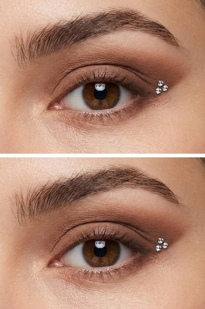Neutral matte eyeshadow with a playful trio of rhinestones placed at the outer eye for a subtle rhinestone eye makeup idea.