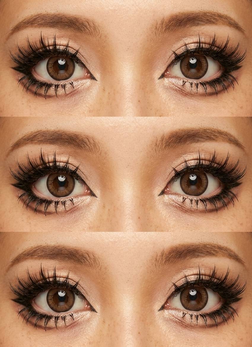 A close-up of three pairs of brown eyes with prominent eyelashes and subtle makeup, arranged vertically.
