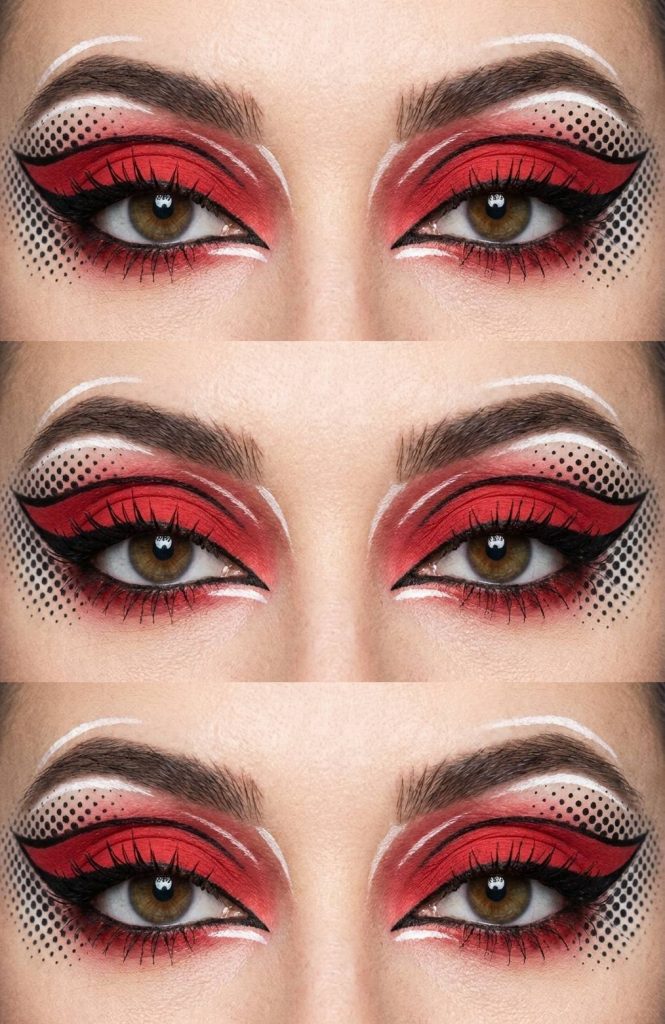 Close-up of crazy eye makeup looks using pop-art style with red lids, exaggerated black liner, dotted shadows, and white contour lines.