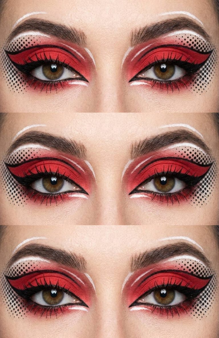 A sequence of three images shows close-ups of eyes with bold, artistic makeup. The makeup features striking red eyeshadow with sharp black eyeliner and white accents, creating a dramatic and graphic look. Additional black dots along the outer corners add a pop art style effect.