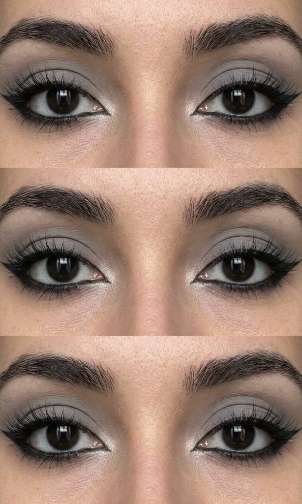 A trad goth eye makeup look using silver-grey eyeshadow on the lids and bold black eyeliner for a crisp, softly sculpted finish.