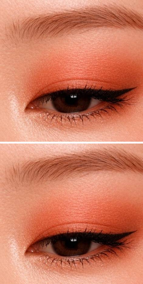 Terracotta-toned eyeshadow on monolids with a sleek black wing, creating a warm and structured makeup style.