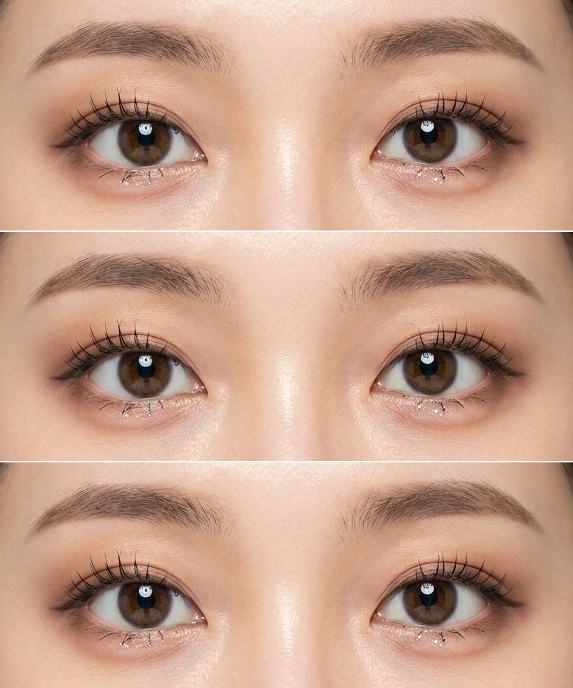 Natural douyin eye makeup trend with sheer taupe shadow and soft silver flecks placed under the lower lash line for a barely-there shimmer effect.