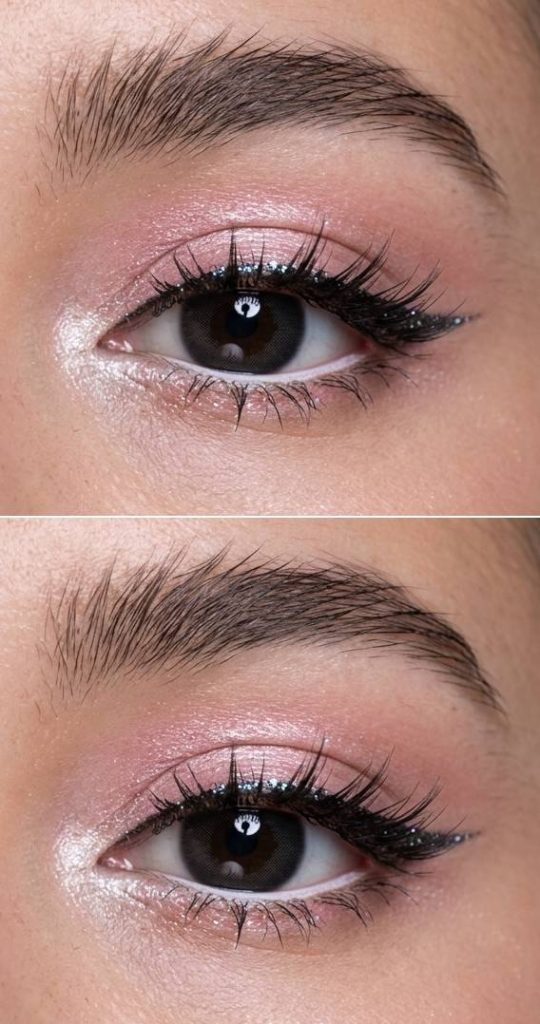 Whimsical anime eye makeup with blush-toned shimmer shadow and glitter-tipped liner that adds a magical sparkle to the eyes.