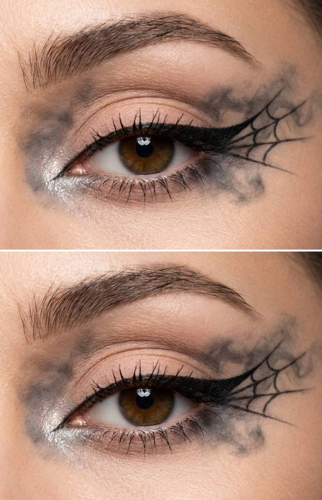 Close-up of a spiderweb eye makeup idea with sheer beige shadow, smoky black diffused edges, and a black spiderweb liner creating a floating effect.