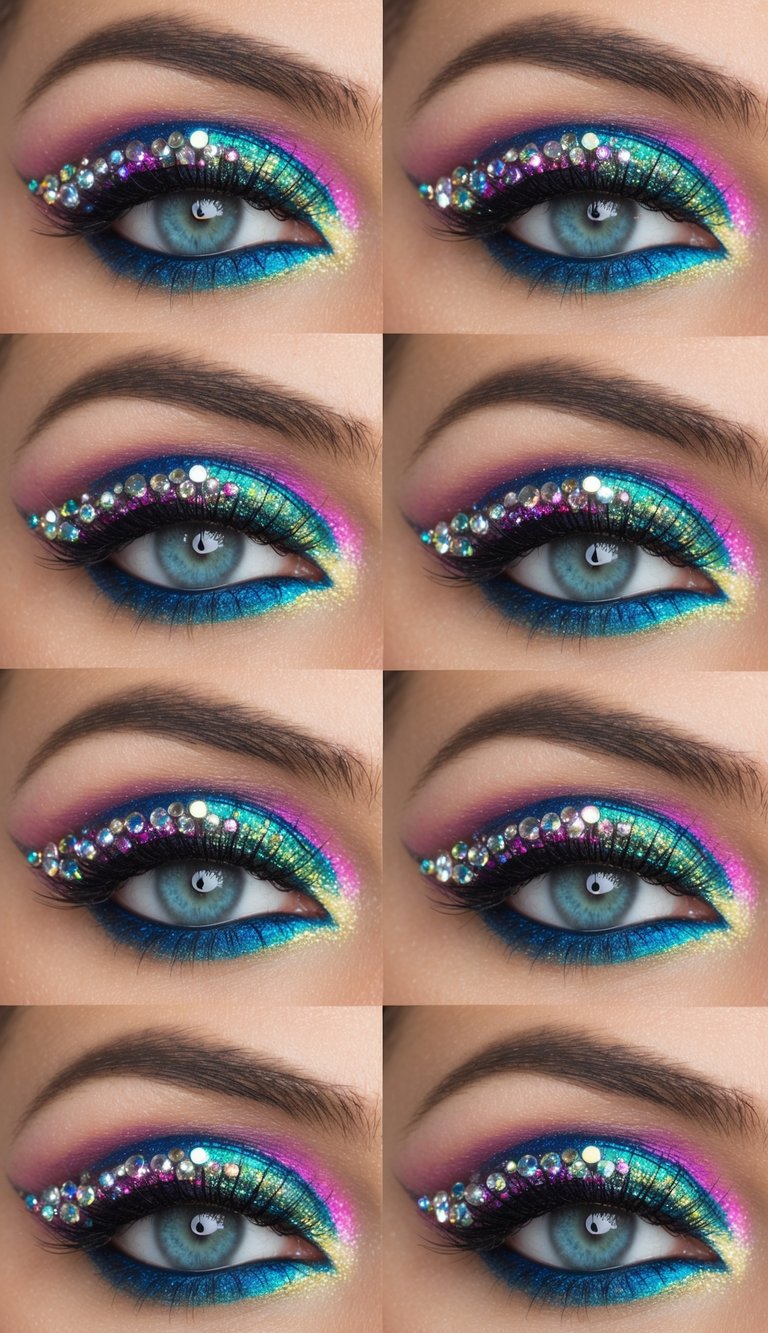 Close-up of a neon rhinestone eye makeup idea with blue, pink, teal, and yellow shadows, accented by a curved rhinestone arc above the crease.