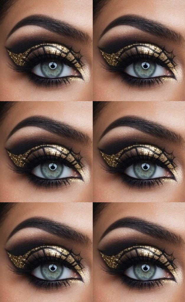 Spiderweb eye makeup idea with intense black crease shadow, sparkling gold glitter, and black web liner extending outward from the lash line.