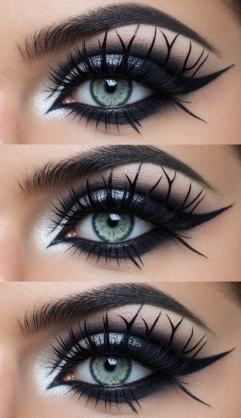 Close-up of a spiderweb eye makeup idea with metallic silver shadow and long black liner extensions arching over the crease in a web-like design.