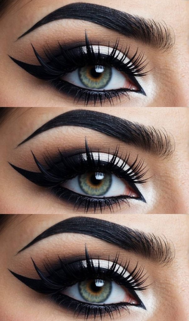 Close-up of anime eye makeup featuring stark white eyeshadow on the lid and sharp black winged liner, accentuating a round, wide-eyed effect.