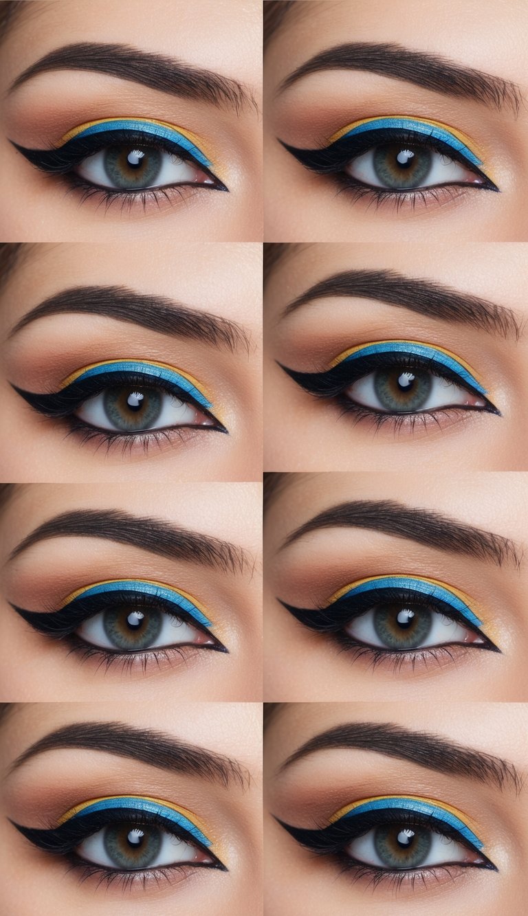 Anime eye makeup look using bright blue liner stacked over a golden yellow line on neutral-toned lids with a sharp black wing.