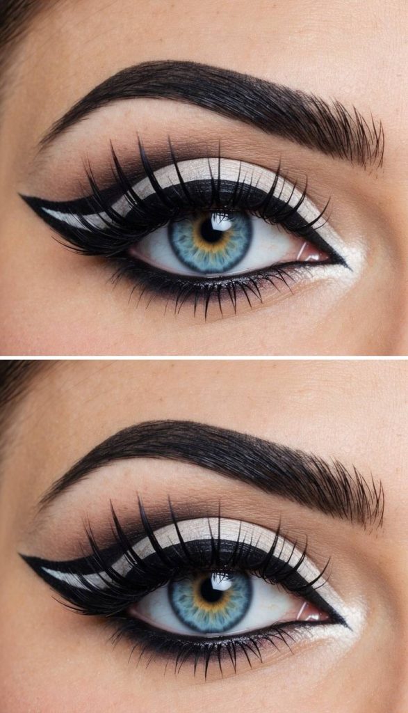 Anime-inspired graphic eye makeup with intense black liner strokes and defined white creases that mimic manga-style expression.