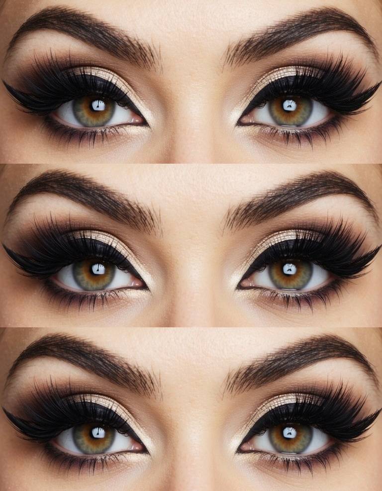 Eyes with priscilla presley eye makeup style, featuring pearl shadow, contoured crease, and voluminous lashes.