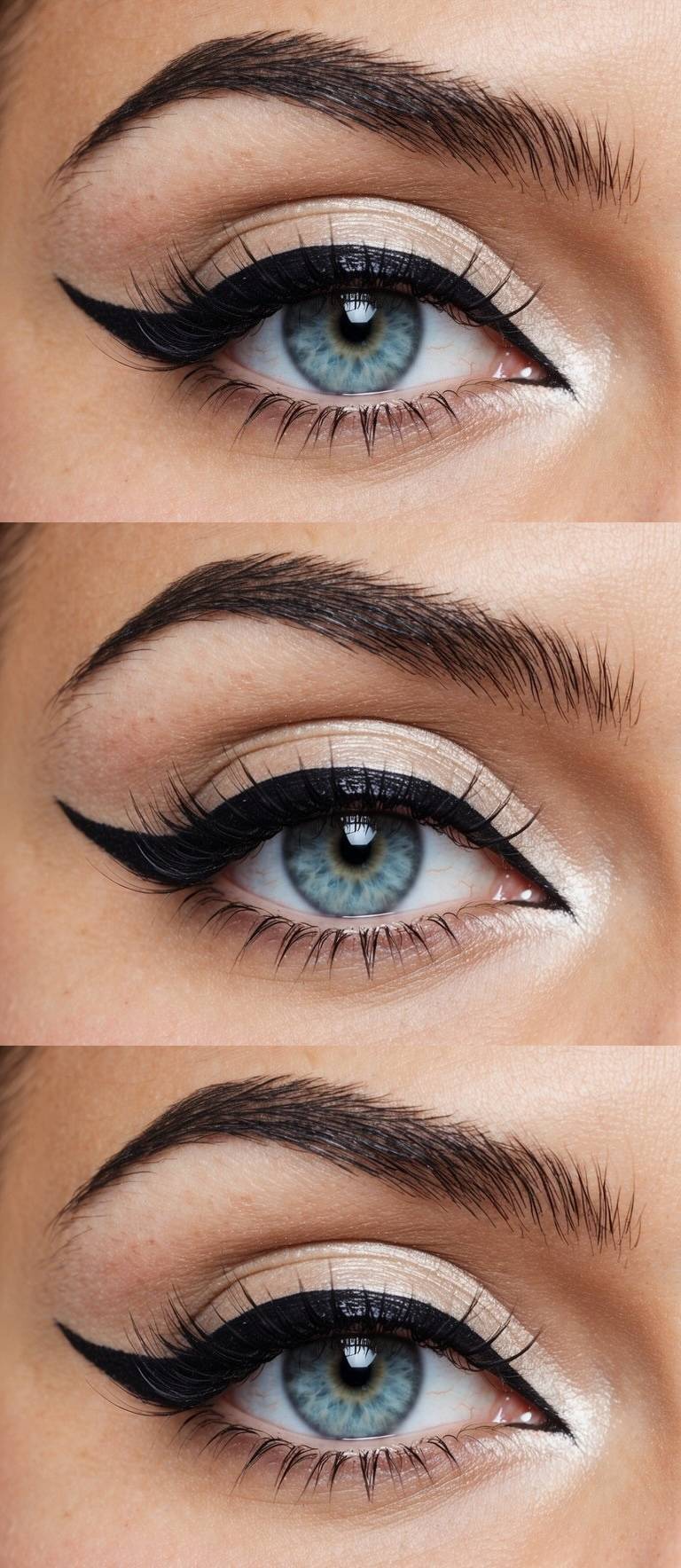 Three close-up images of an eye showcasing different angles of makeup application, featuring bold black eyeliner, white eye shadow, and defined eyebrows.