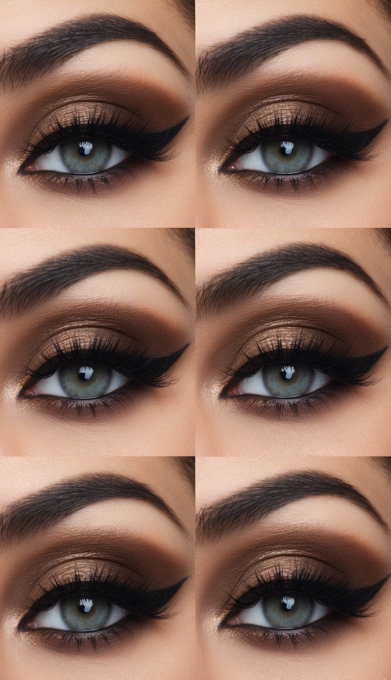 Priscilla presley eye makeup style with defined matte cut crease, champagne shimmer lid, and dramatic black winged eyeliner.