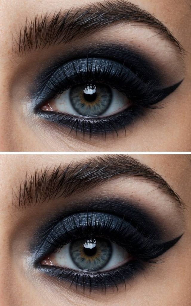 Close-up of a trad goth eye makeup look featuring inky navy eyelids, matte black blending, and sleek black eyeliner wing.
