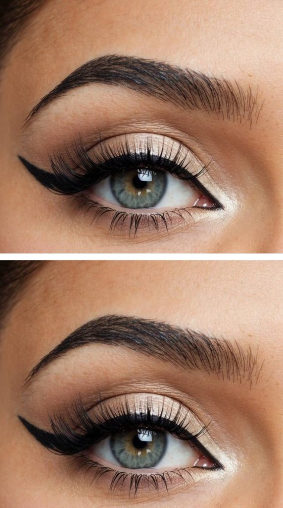 Close-up of priscilla presley eye makeup style with ivory satin eyeshadow, diffused shading, and a sleek cat-eye liner.