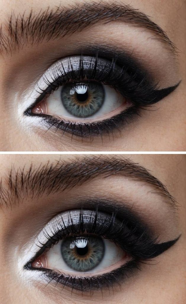 Trad goth eye makeup look featuring a silver cut crease, deep black outer shadow, and defined winged liner for high-contrast drama.
