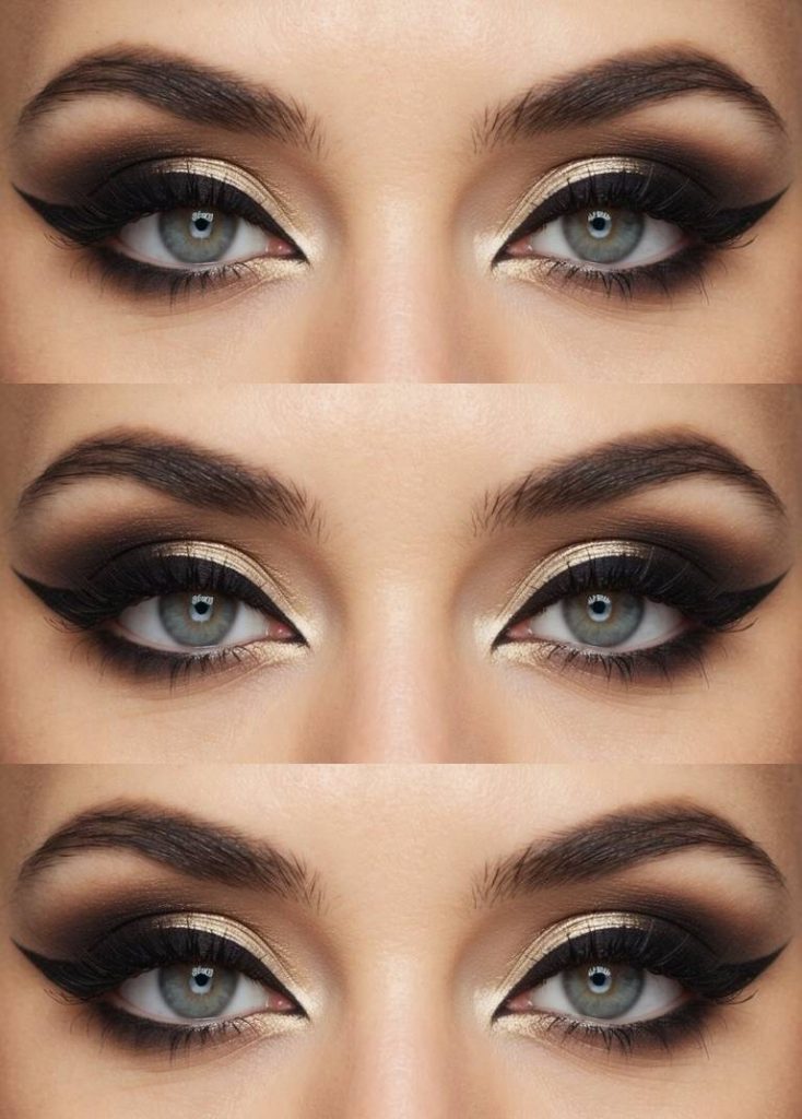 Priscilla Presley eye makeup style with champagne shimmer on the lids, dark smoked outer corners, and defined cat-eye liner.
