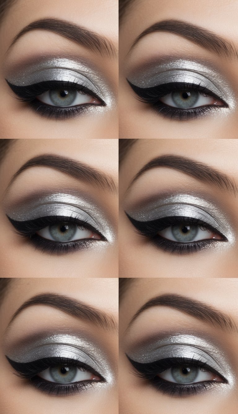 Silver glitter eyeshadow with black cat-eye eyeliner and softly smoked crease—an updated version of the Priscilla Presley eye makeup style.
