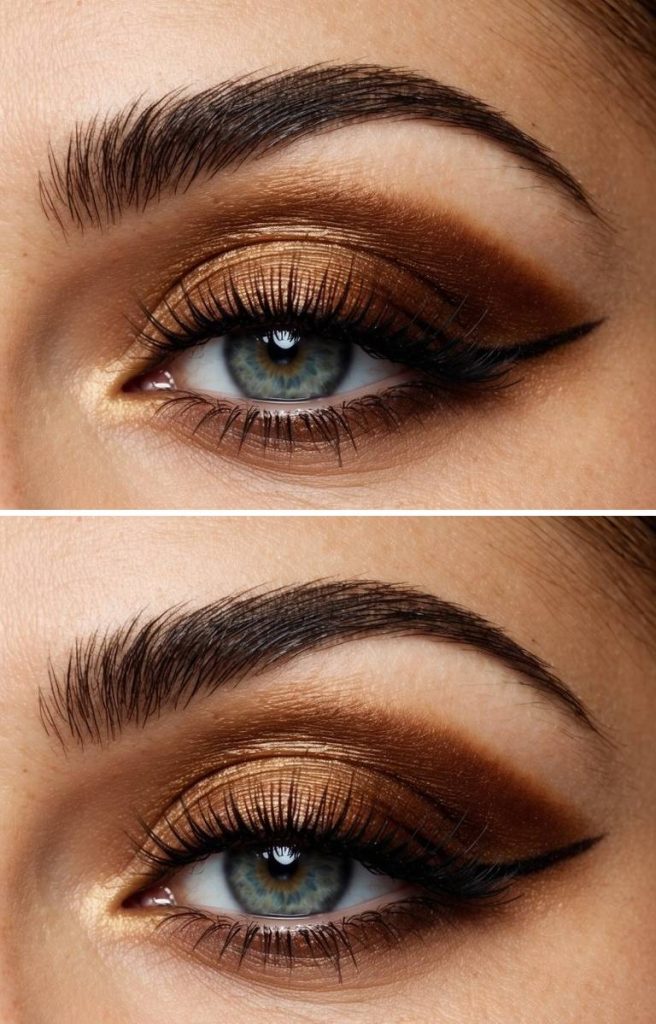 Bronzed Priscilla Presley eye makeup style with shimmering lids, defined crease, and a soft smoked eyeliner wing.