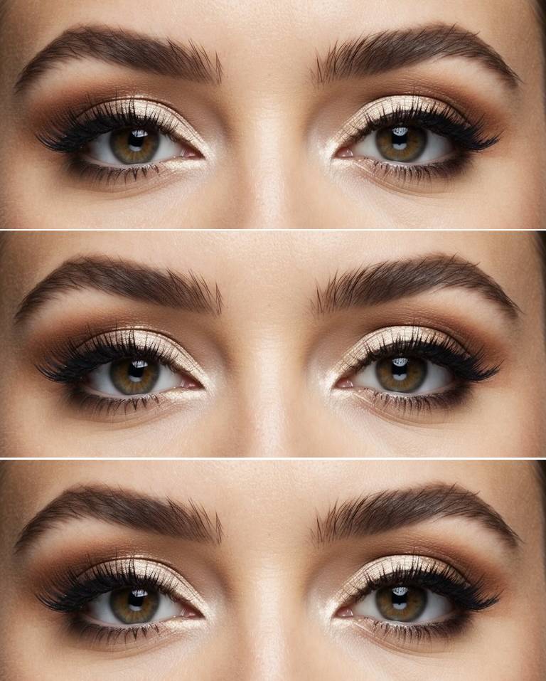 Close-up of eyes with Priscilla Presley eye makeup style featuring champagne shimmer eyeshadow, soft brown blending, and full fluttery lashes.