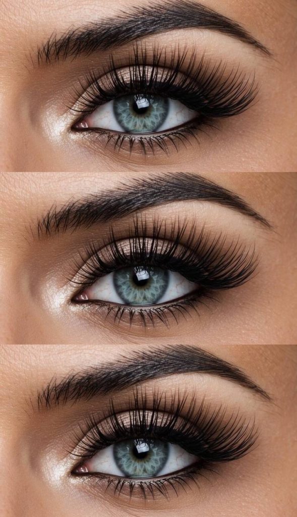 Close-up of eye makeup featuring champagne shimmer shadow and bold lashes inspired by the priscilla presley eye makeup style.