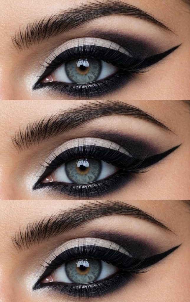 Close-up of an eye with elaborate makeup featuring bold black eyeliner, smokey eyeshadow, and accented with shimmery white eyeshadow around the inner corner and lids across three images.