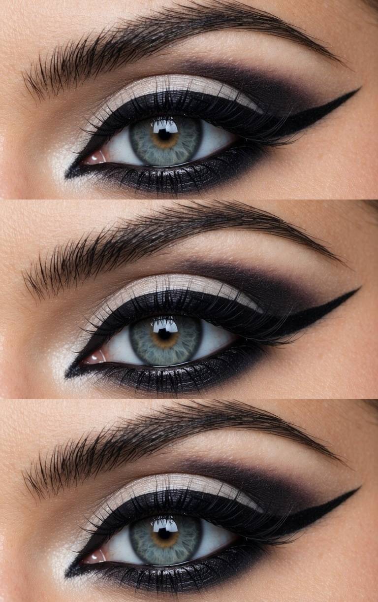 Close-up of an eye with elaborate makeup featuring bold black eyeliner, smokey eyeshadow, and accented with shimmery white eyeshadow around the inner corner and lids across three images.